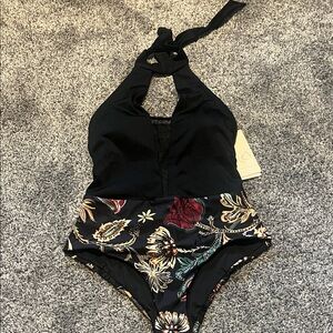 Cosita Linda Black Halter One-Piece Swimsuit with mesh inset & Floral Print